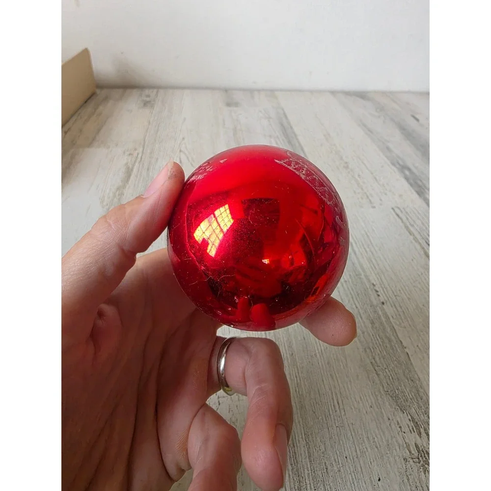 Vintage red Santa dear stencil glass ornament reindeer scene Xmas tree